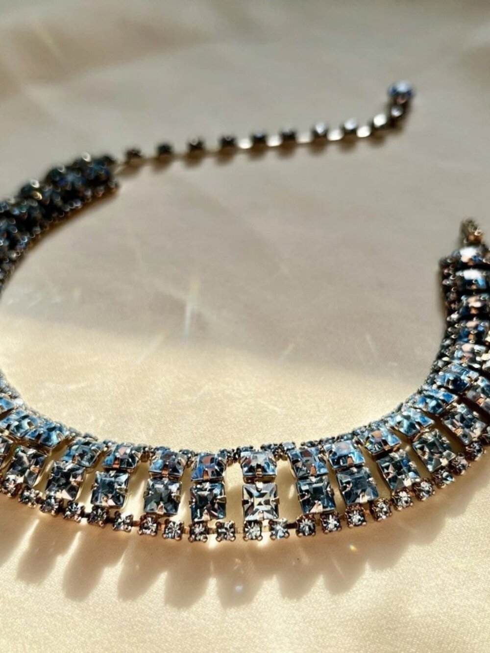Vintage Aquamarine Blue Rhinestone Crystal Prong Set Choker